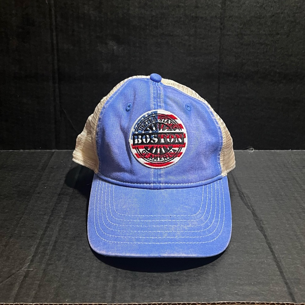 Boston Massachusetts Hat Cap Mens Snapback Blue Mesh Trucker USA Flag Logo Dad